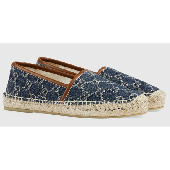 Gucci Jacquard Denim Blue Tea Brown Leather Ivory GG Logo Flat Espadrilles 36 - Picture 2 of 11
